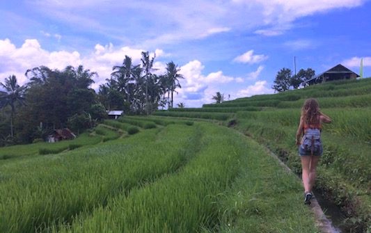 walking through the Jatiluwih rice terrace in my travel to Bali