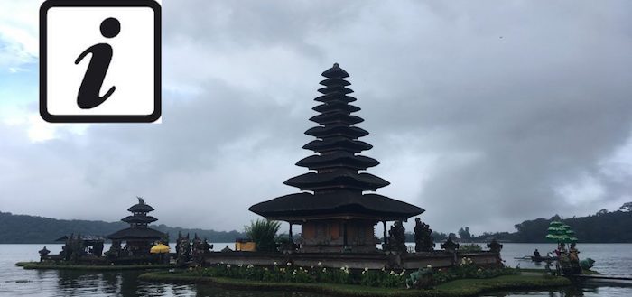 Pura Ulun Danu Bratan and info sign for travel tips for Bali