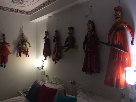 Puppets hanging on the wall of our hostel in Udaipur