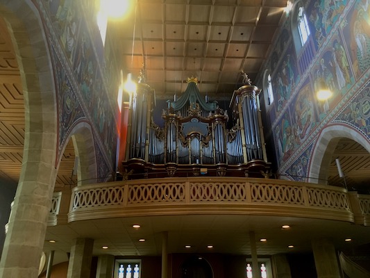 The organ and the modern frescoes inside Stadtkirche in Winterthur