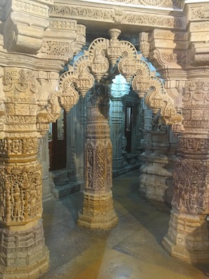 Fine ornate carvings of the pillars in Jain Temples of Jaisalmer