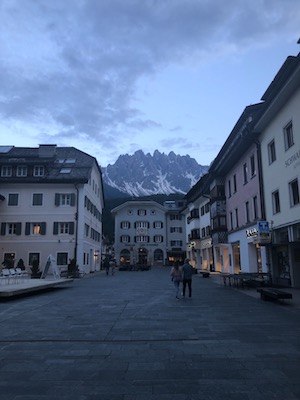 The village of San Candido with the blue light after sunset