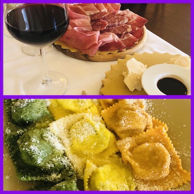 Cured cuts of Parma, Parmigiano Reggiano with Balsamic Vinegar, Tortelli, at Trattoria Corrieri in Parma, one stop of our food and wine tour of Italy