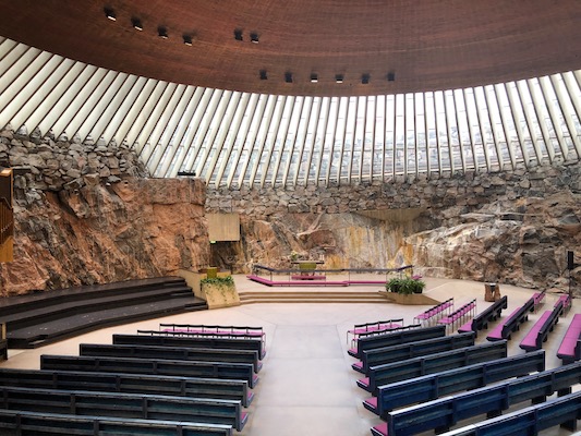 The hall of Temppeliaukio, the Church of the Rock of Helsinki